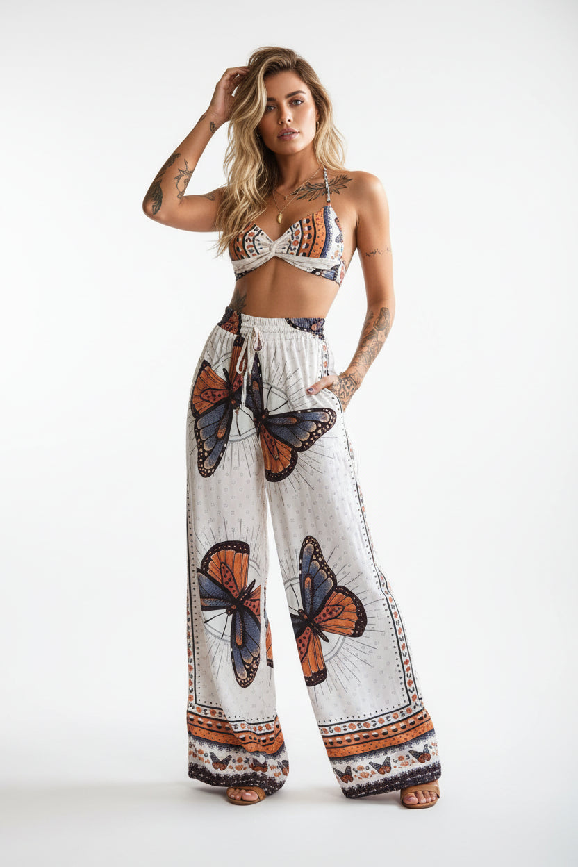 Feather Print Crop Top & Pants Set
