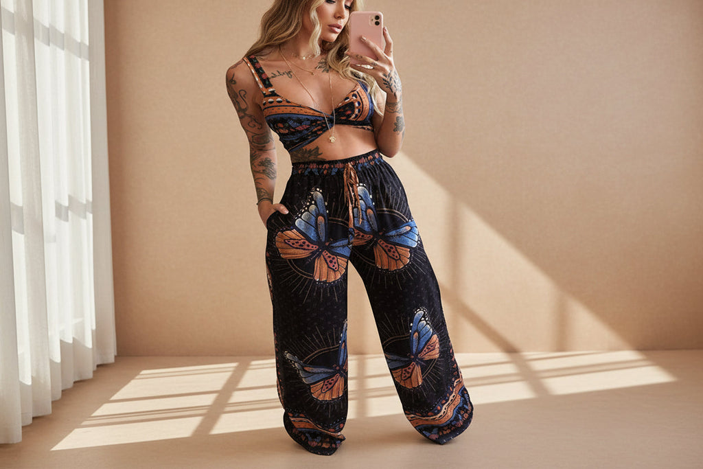 Feather Print Crop Top & Pants Set