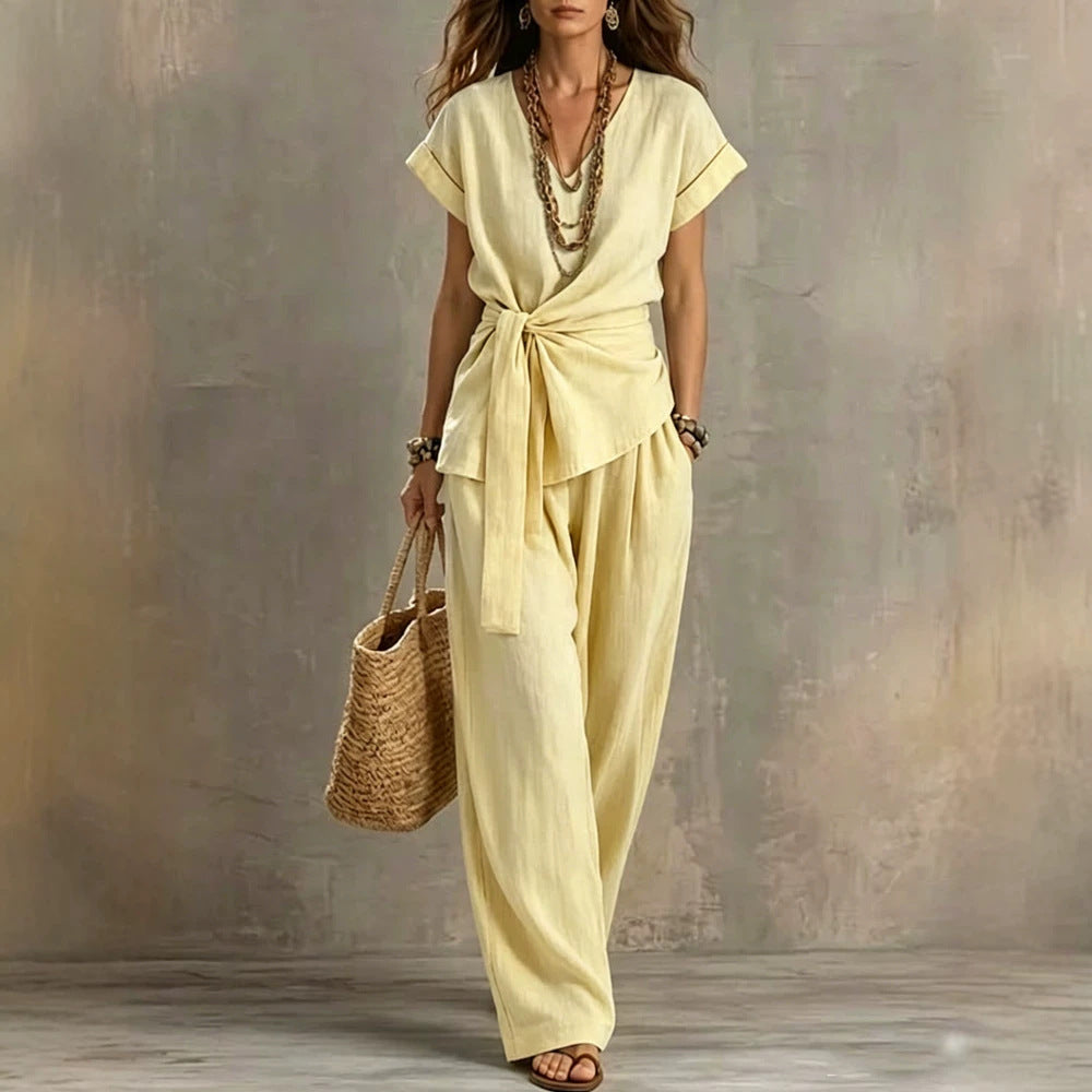 V-Neck Short-Sleeve Top & Pants Two-Piece Set