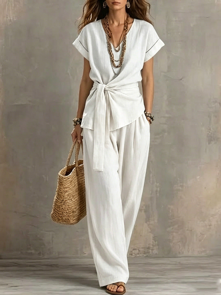V-Neck Short-Sleeve Top & Pants Two-Piece Set