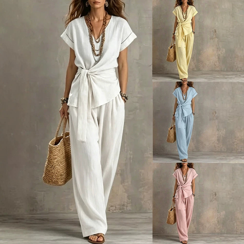 V-Neck Short-Sleeve Top & Pants Two-Piece Set