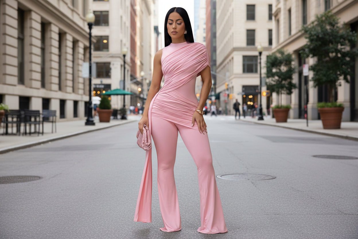Crew-Neck Pleated Ribbon Flare Jumpsuit
