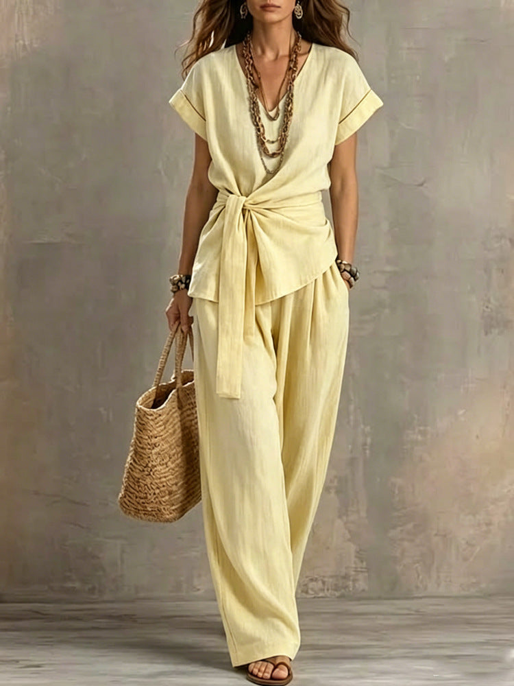 V-Neck Short-Sleeve Top & Pants Two-Piece Set