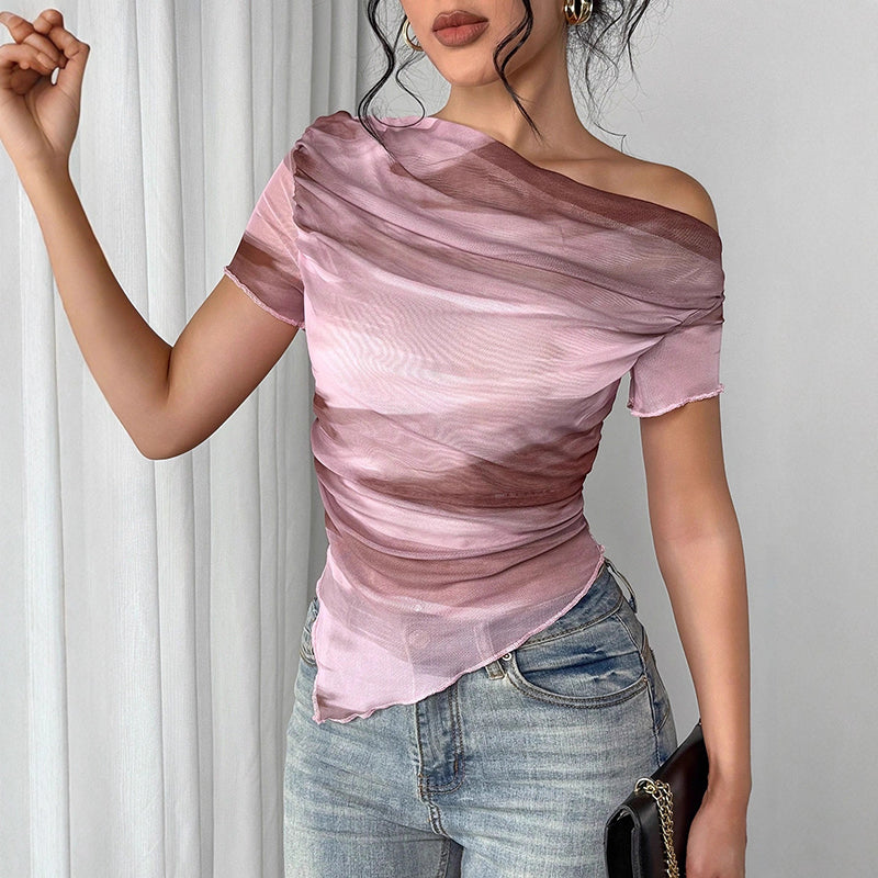 Tie-Dye One-Shoulder Mesh Ruched top