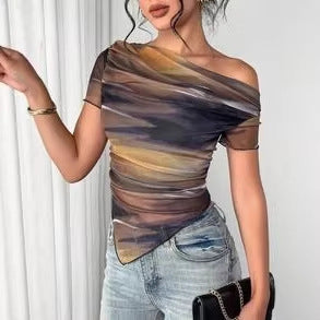 Tie-Dye One-Shoulder Mesh Ruched top