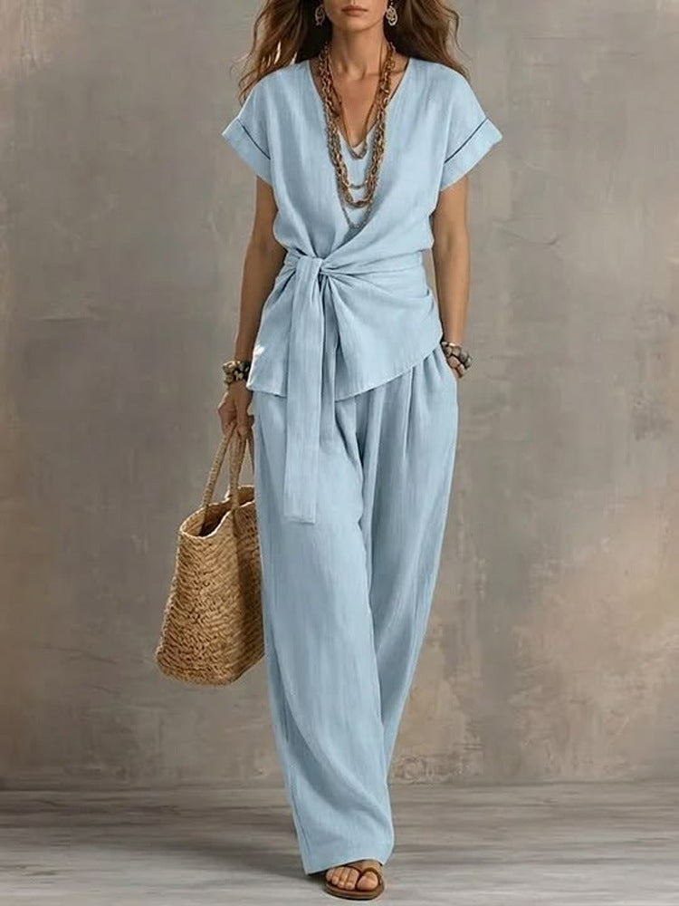 V-Neck Short-Sleeve Top & Pants Two-Piece Set