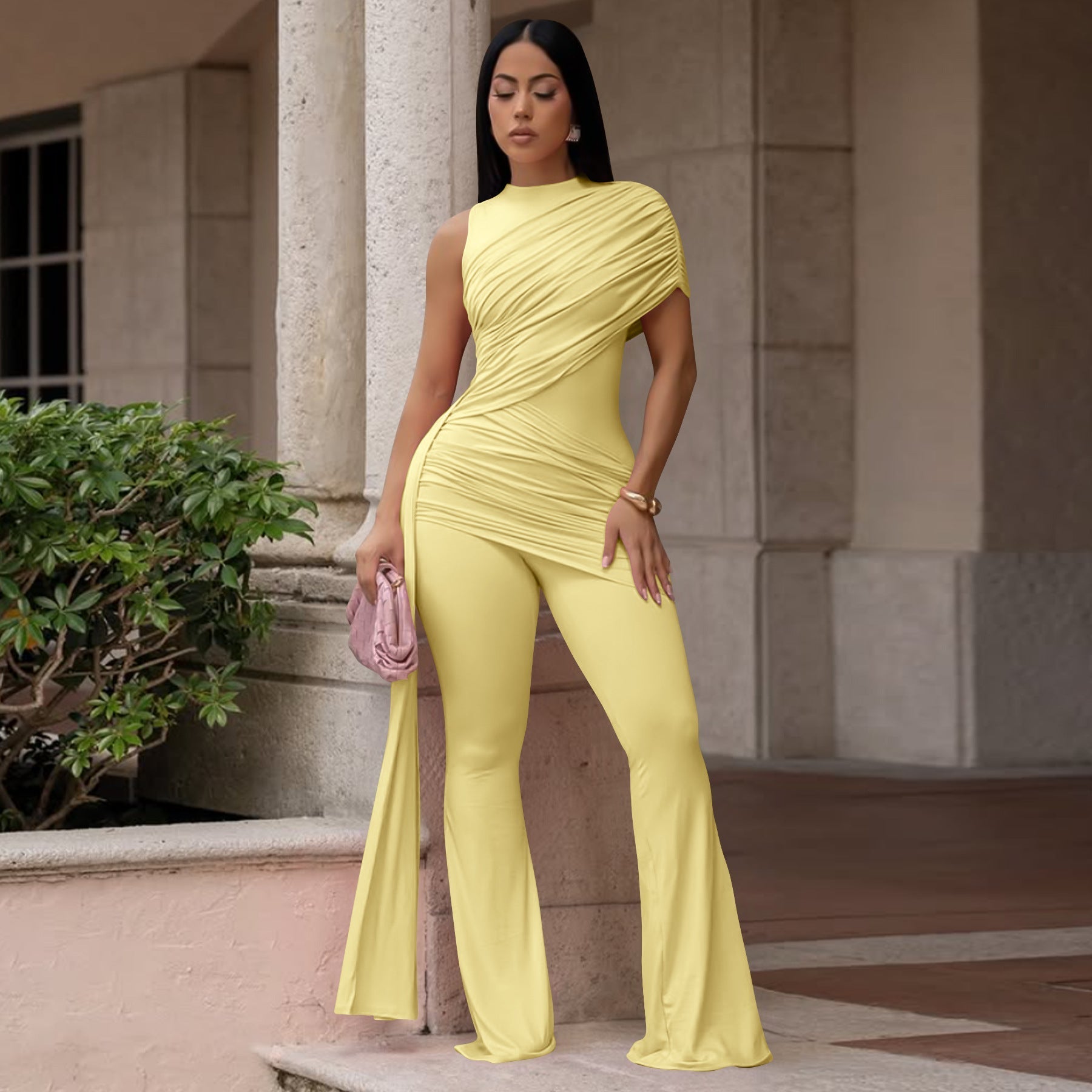 Crew-Neck Pleated Ribbon Flare Jumpsuit