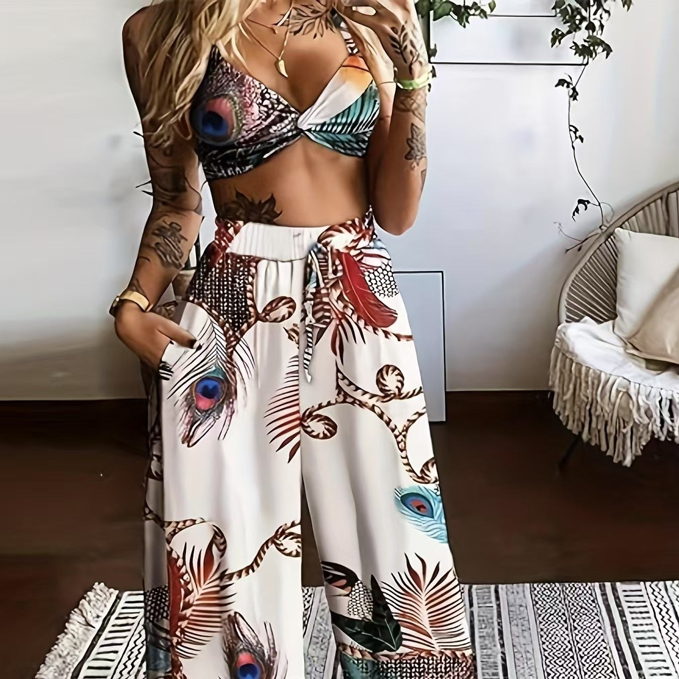 Feather Print Crop Top & Pants Set