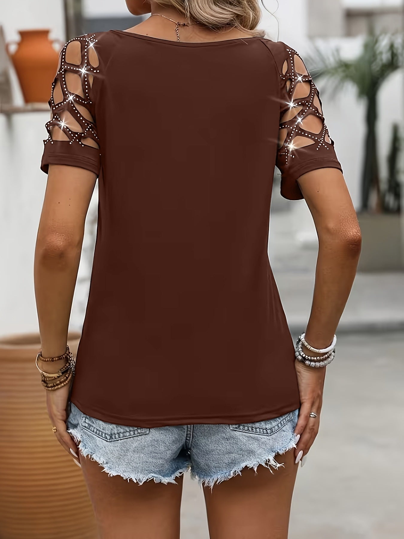Rhinestone Cut-Out Short-Sleeve Top with Chain Detail