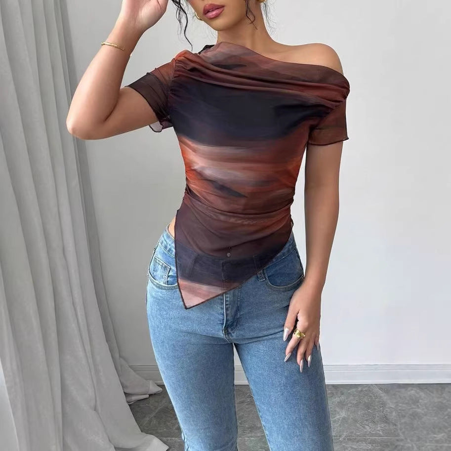 Tie-Dye One-Shoulder Mesh Ruched top