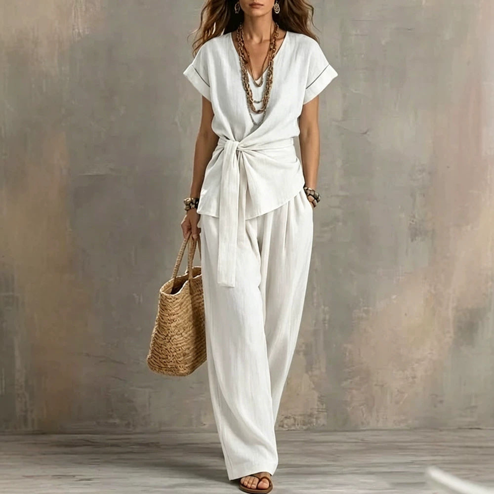 V-Neck Short-Sleeve Top & Pants Two-Piece Set
