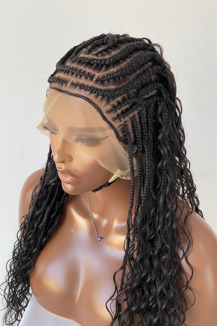 French Braid Bohemian Cornrow Wig, 100% Human Hair, Full Lace, Black Color - Dash (Tara)