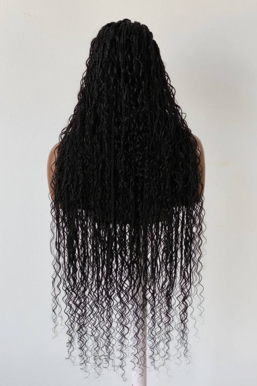 French Braid Bohemian Cornrow Wig, 100% Human Hair, Full Lace, Black Color - Dash (Tara)