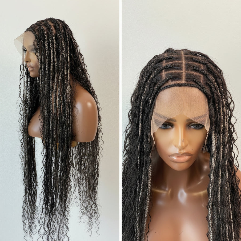 Bohemian Knotless Braid Wig, HD Full Lace, Waist Length, Mixed Colors, Full Density - PARIS