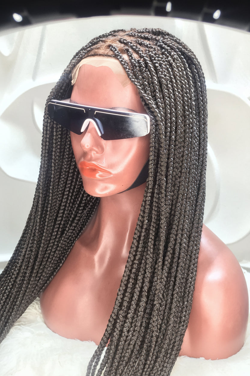 Shade Box Braid Wig, 4x4 Closure Lace, Color 1B, Waist Length, Glueless