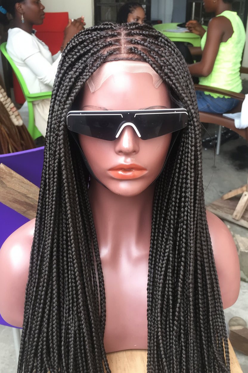 Shade Box Braid Wig, 4x4 Closure Lace, Color 1B, Waist Length, Glueless