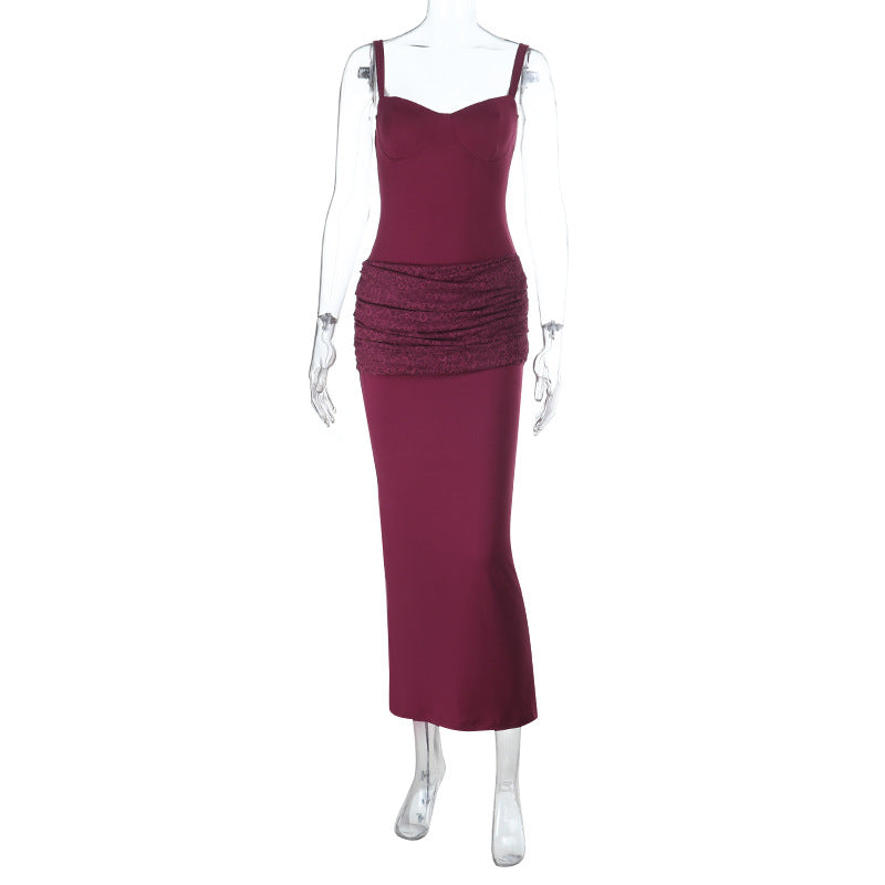 Solid Color Lace Deep V Plunge Dress