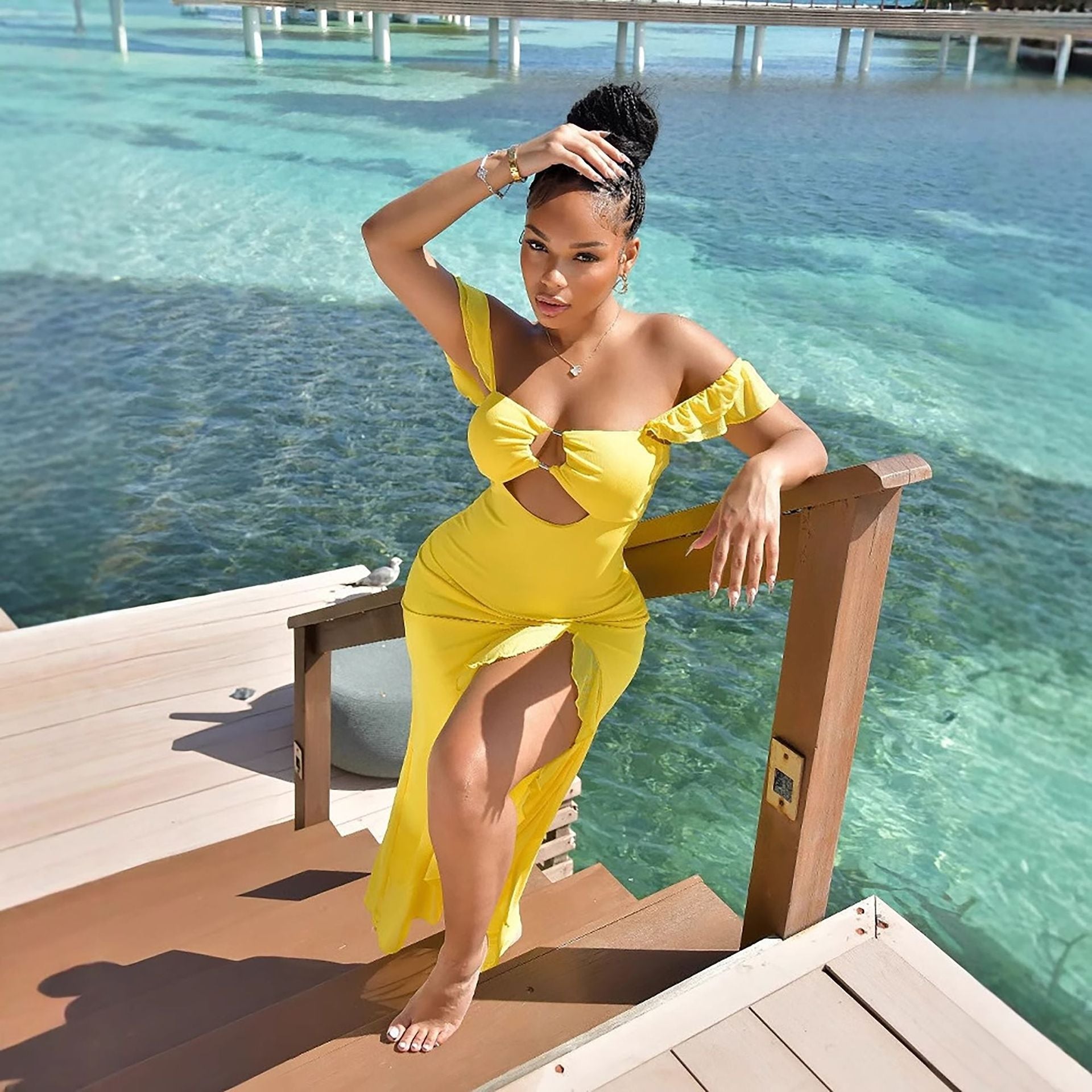 Off Shoulder Cutout Slit Dress