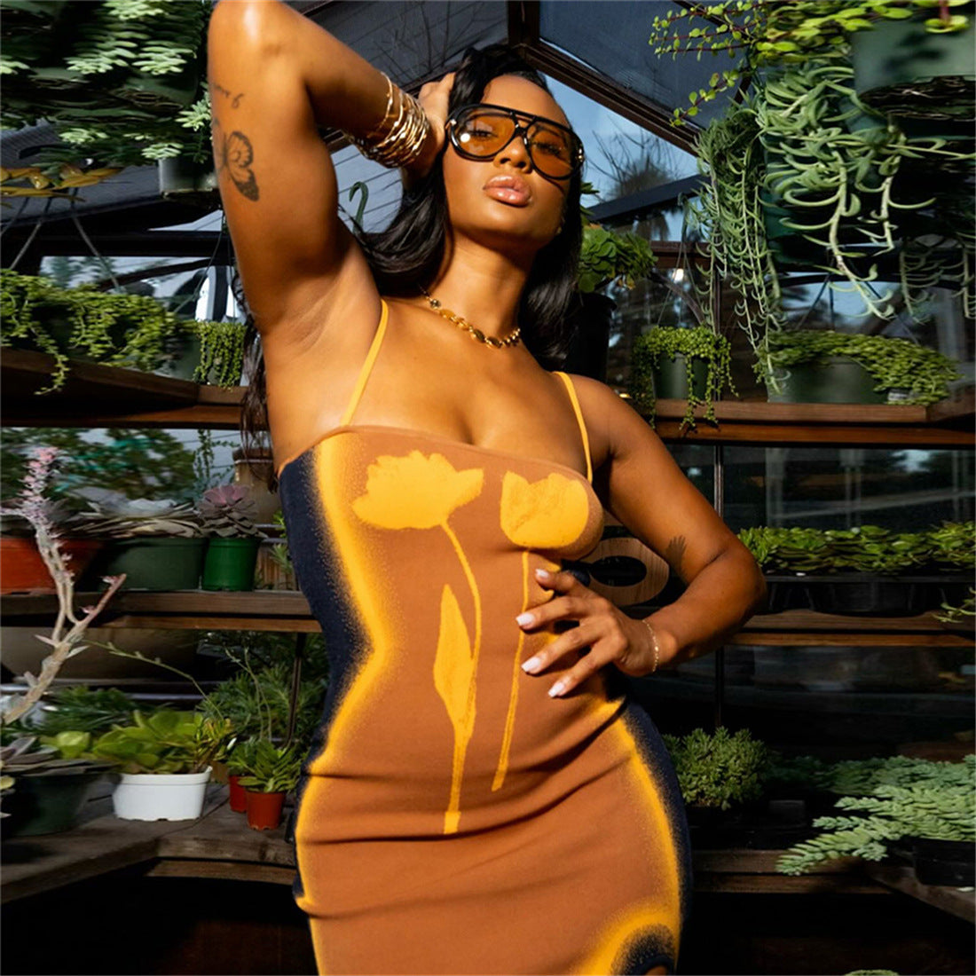 Printed Hip Spaghetti Strap Dress