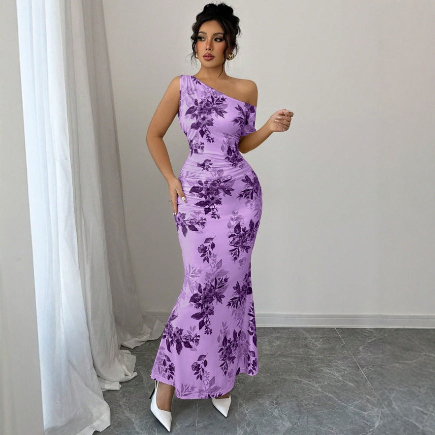 Printed Shoulder High Waist Sheath Dress Slimming Dress
