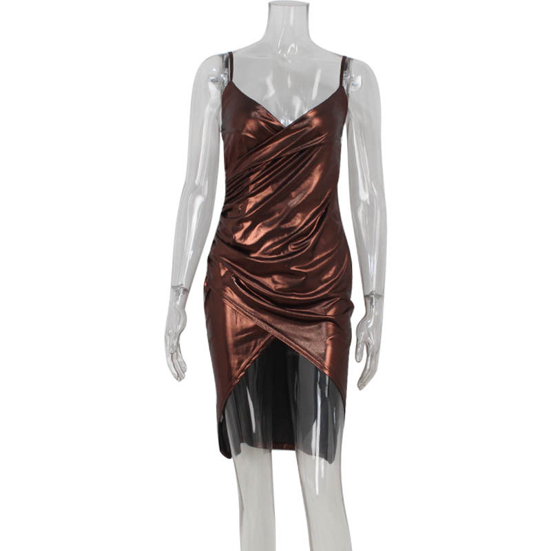 Bronzing High Waist Slit Hip Spaghetti Strap Dress