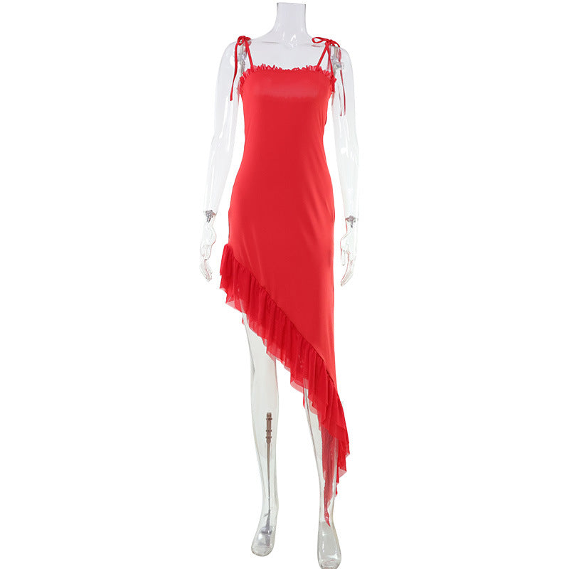 Asymmetric Ruffled Spaghetti Straps Dress