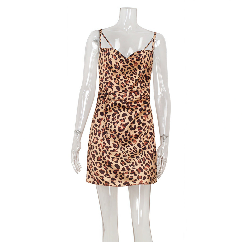 Leopard Print Swing Collar Backless Dress