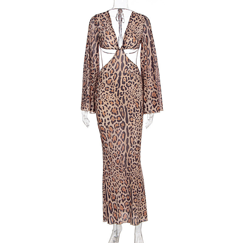 Summer Sexy Leopard Print Long Sleeve Dress