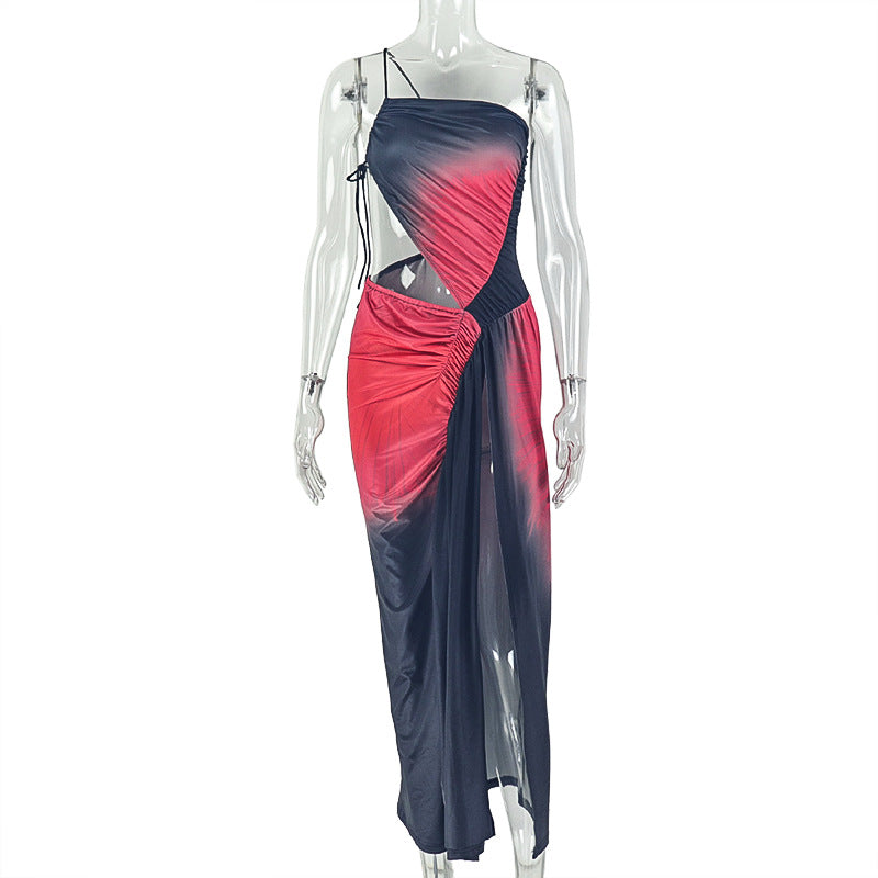 Pleated Diagonal Collar Sleeveless Dress