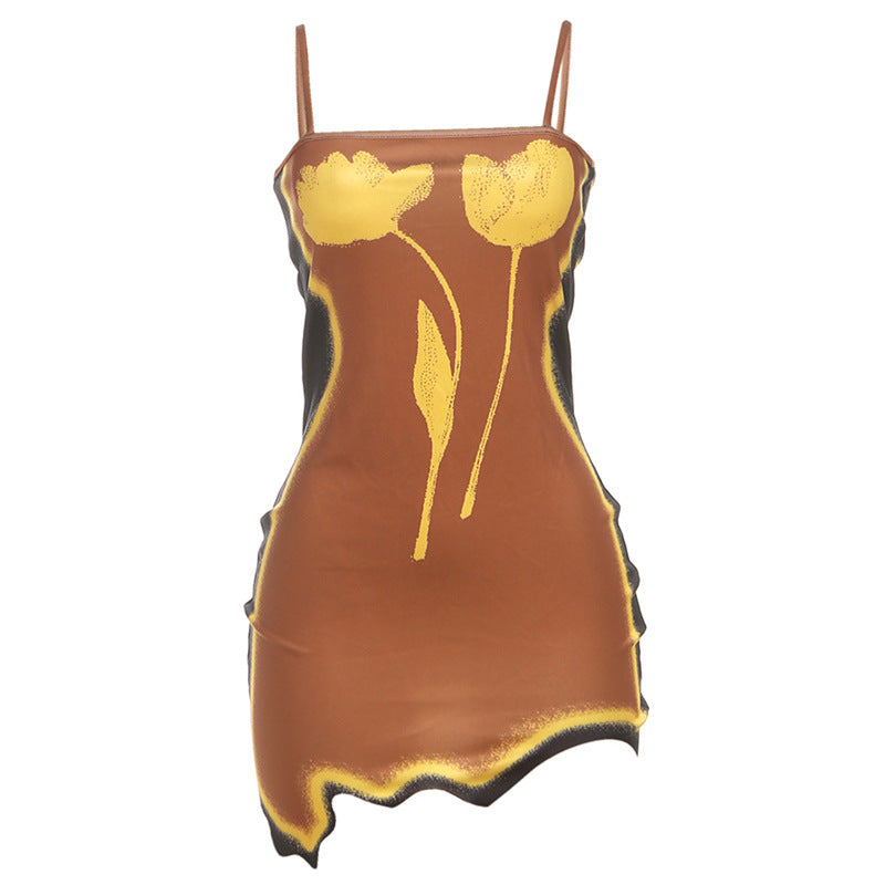 Printed Hip Spaghetti Strap Dress