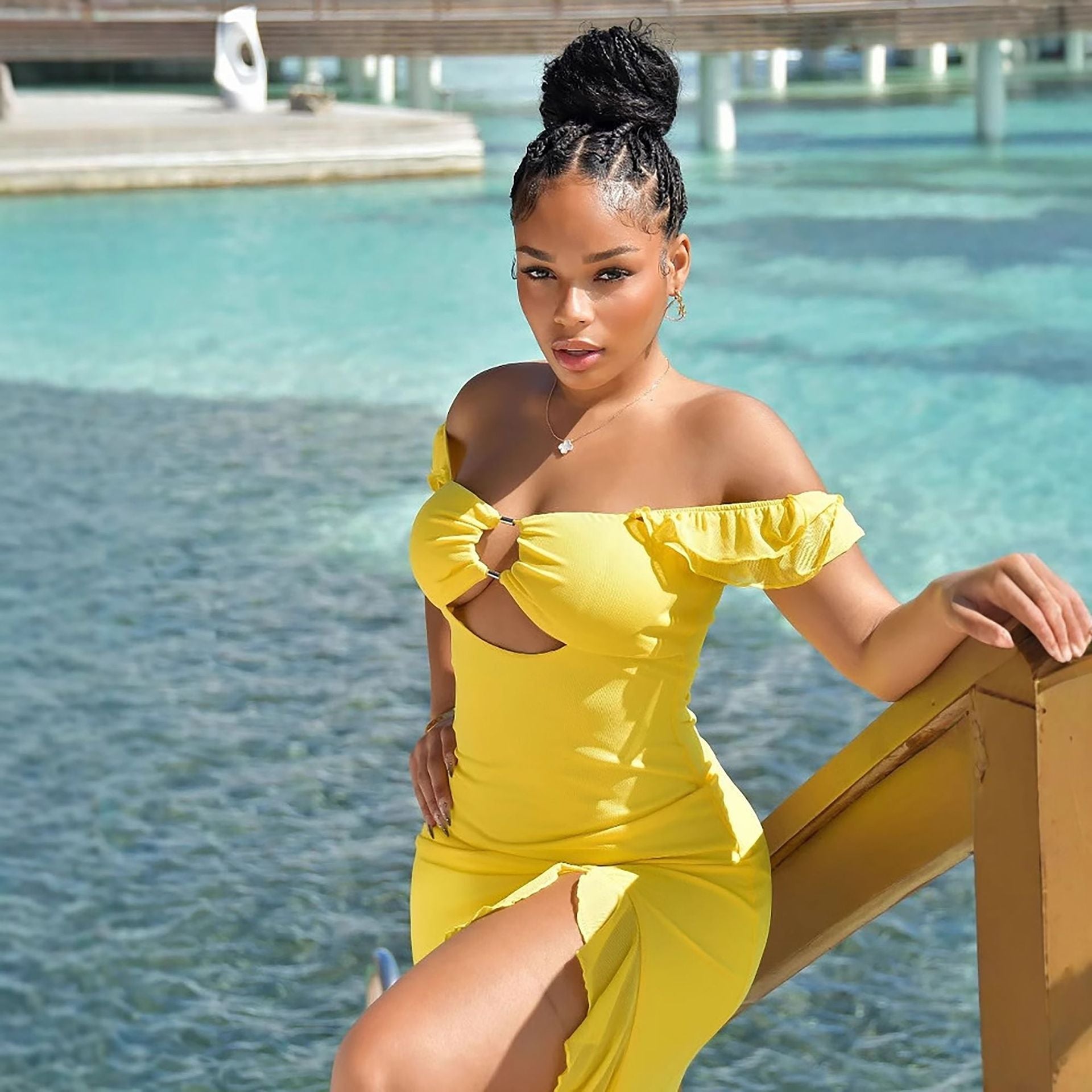 Off Shoulder Cutout Slit Dress