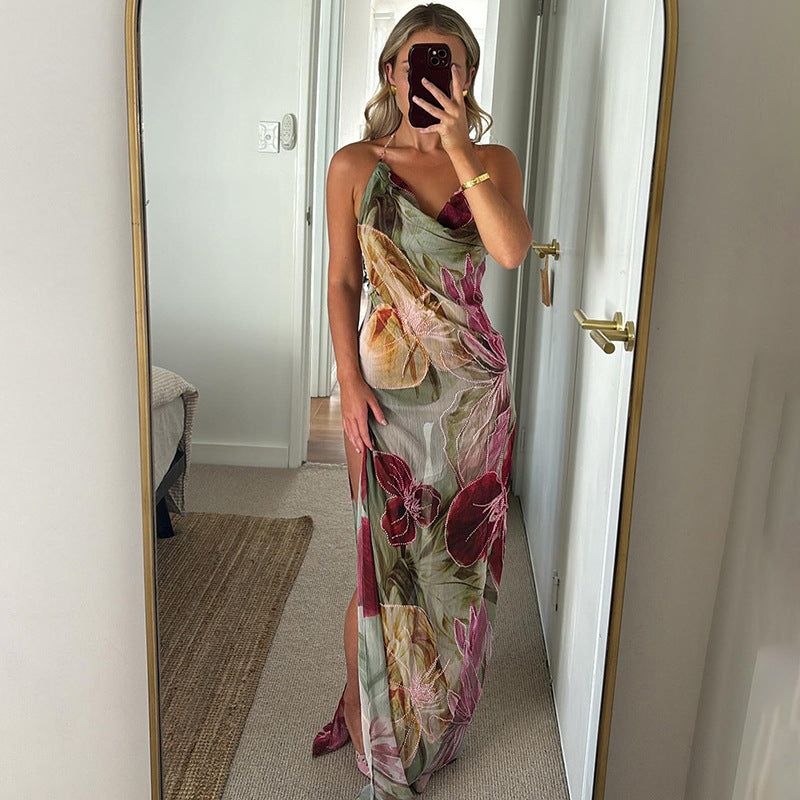 Floral Halter Split Dress