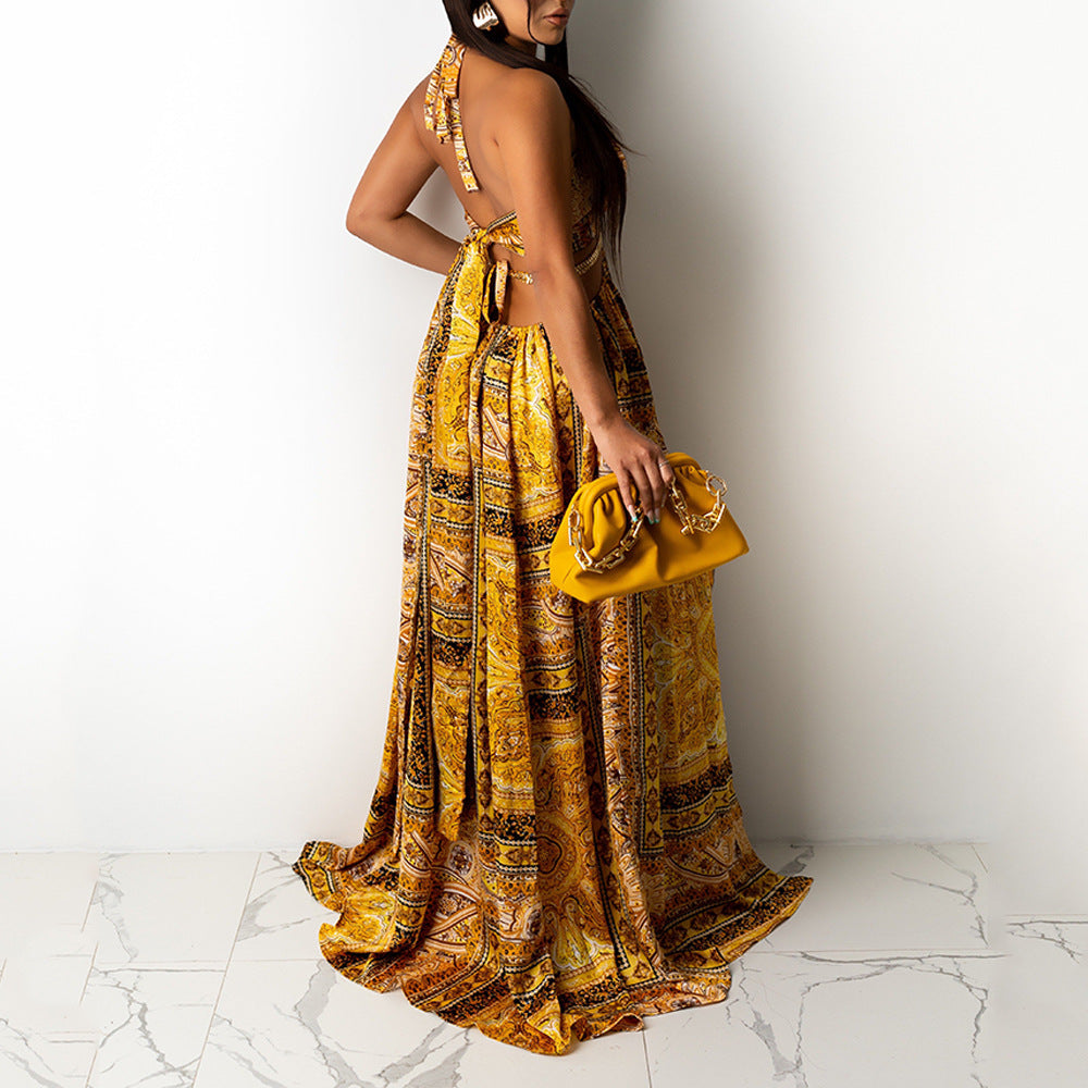 Sleeveless Printed Halter Split Dress