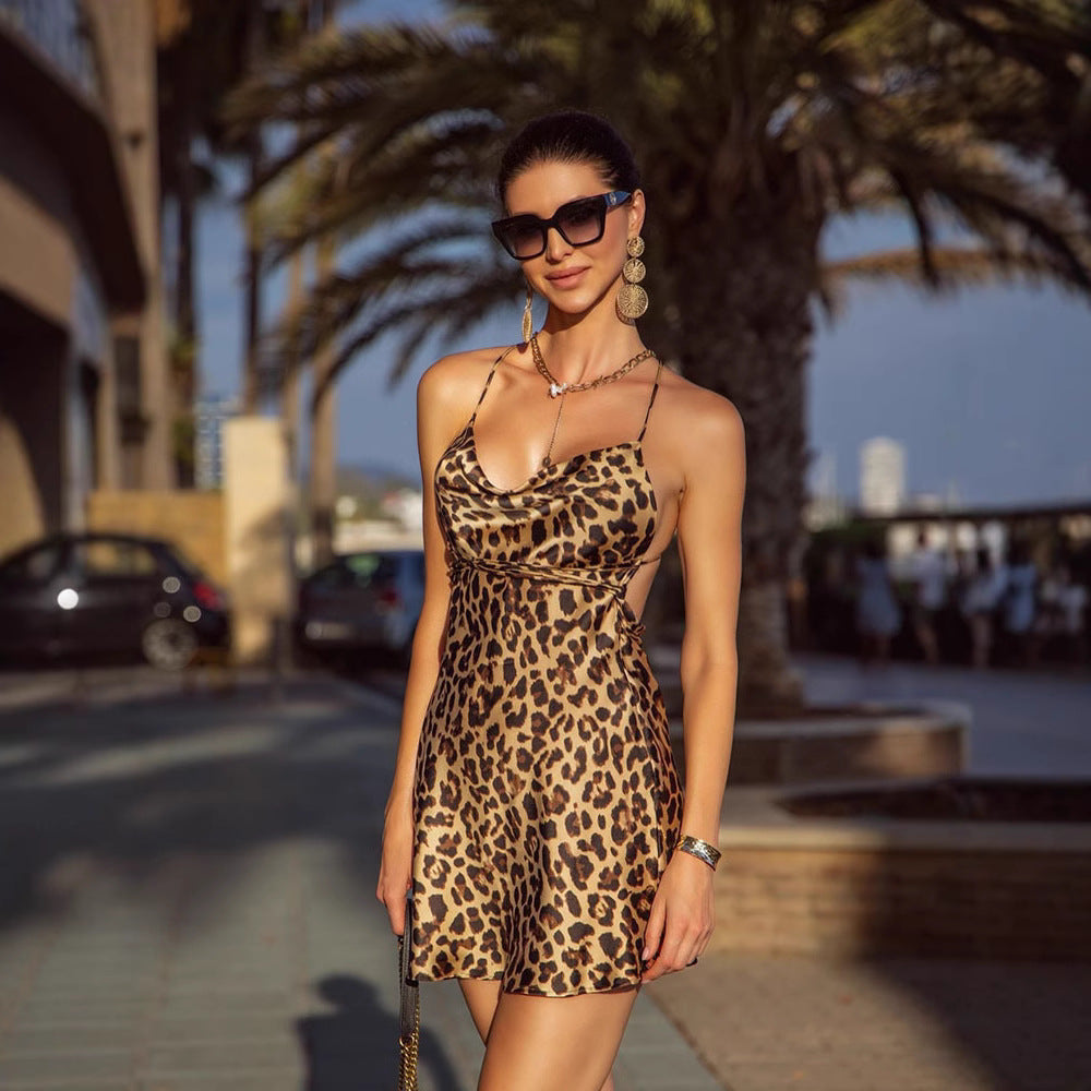 Leopard Print Swing Collar Backless Dress