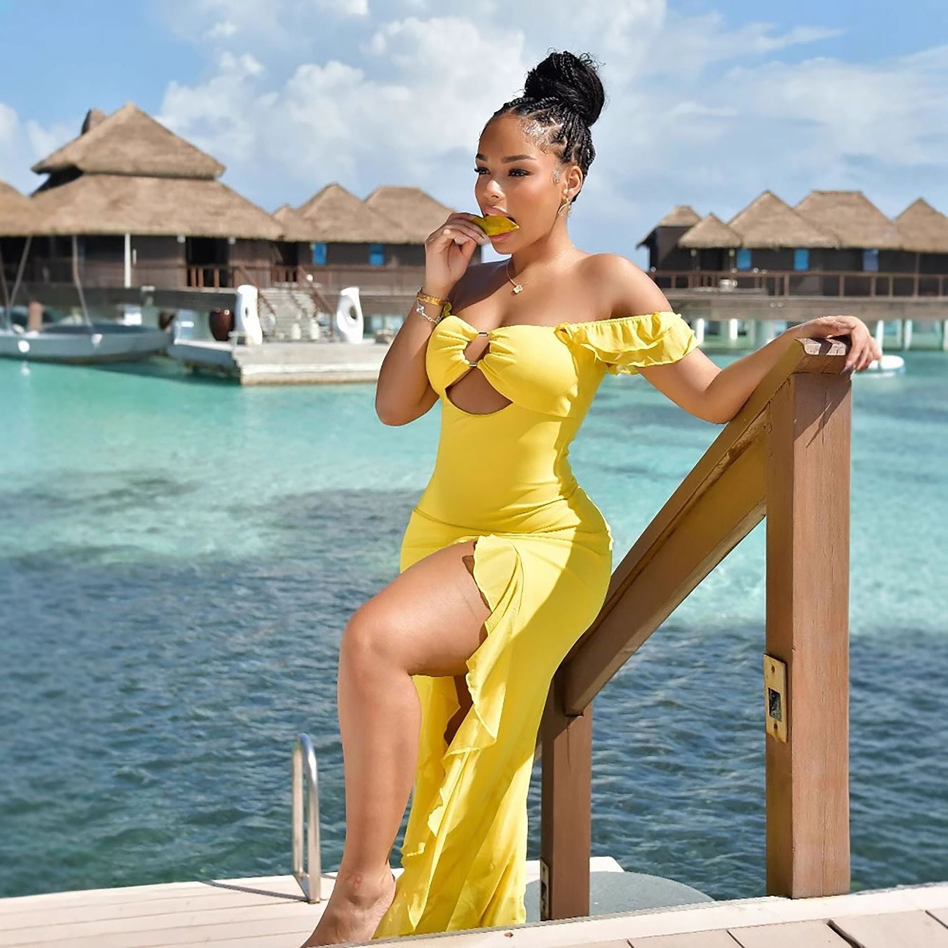 Off Shoulder Cutout Slit Dress