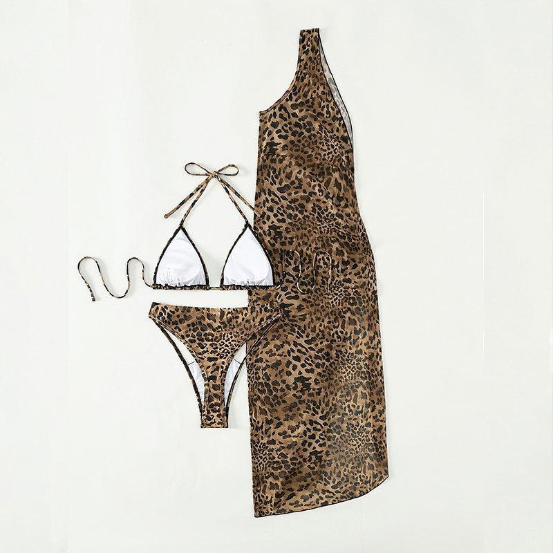 Leopard Print One Shoulder High Waist Three Piece Suit Mesh Maxi Dress Swimsuit Bikini