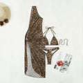 Leopard Print One Shoulder High Waist Three Piece Suit Mesh Maxi Dress Swimsuit Bikini