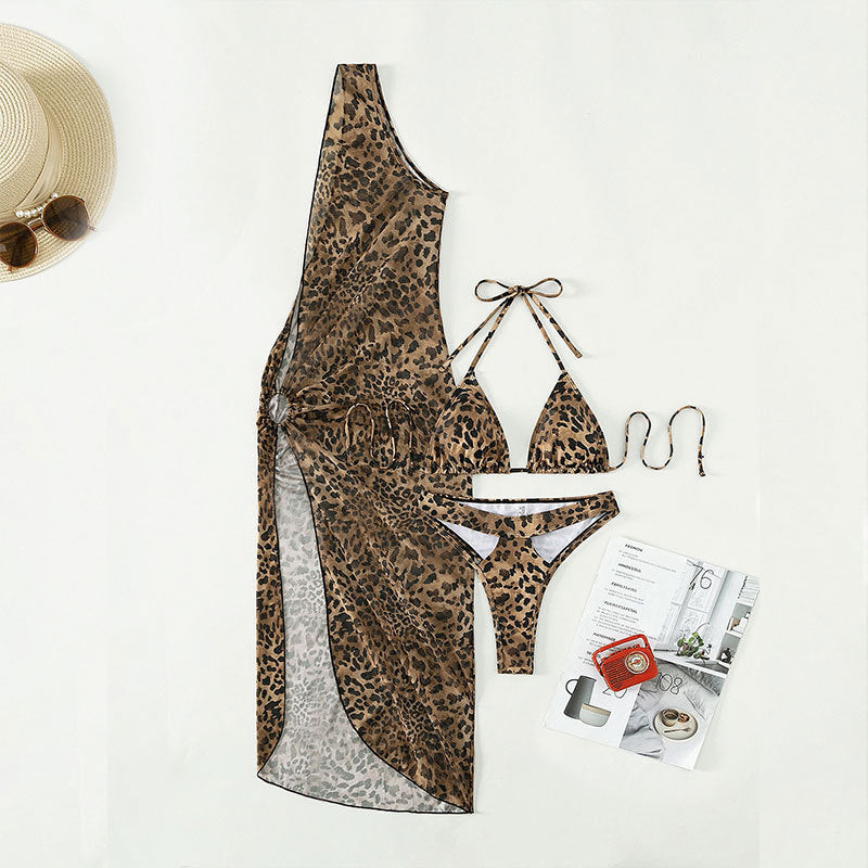 Leopard Print One Shoulder High Waist Three Piece Suit Mesh Maxi Dress Swimsuit Bikini
