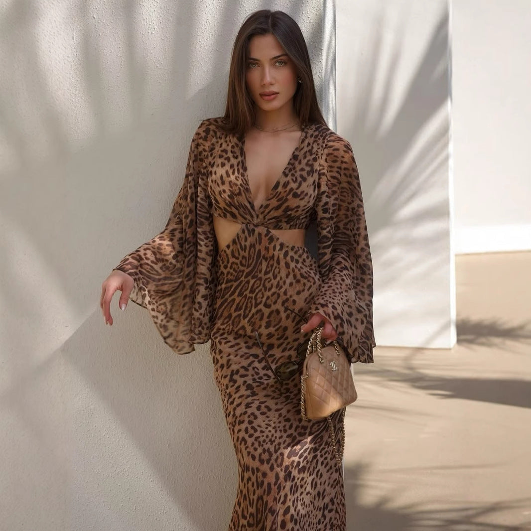 Summer Sexy Leopard Print Long Sleeve Dress