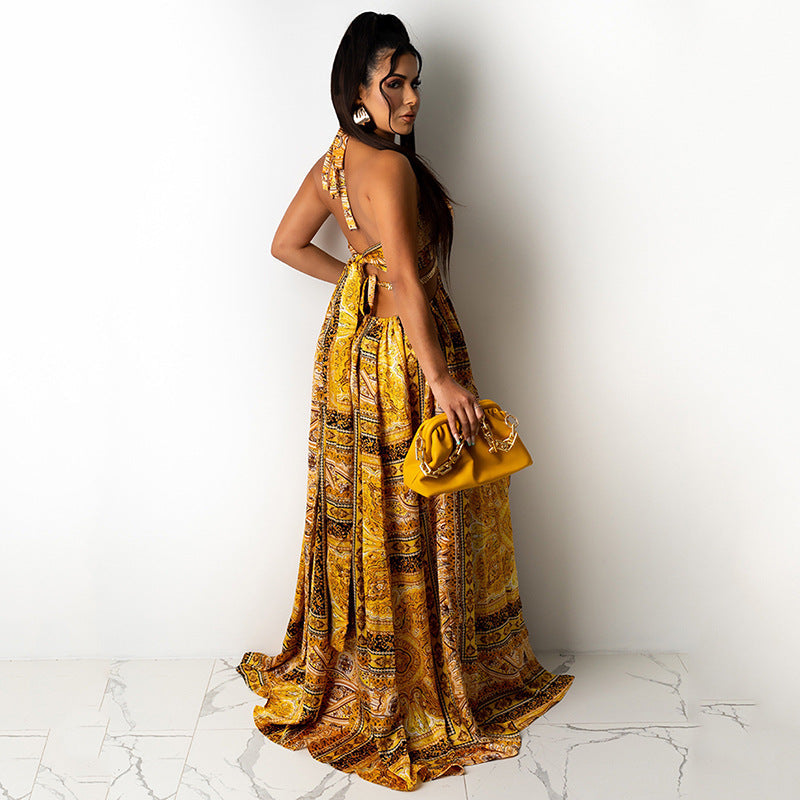 Sleeveless Printed Halter Split Dress
