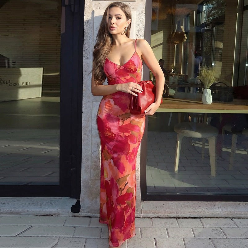 Mesh Floral Print Sleeveless Strap Sheath Dress