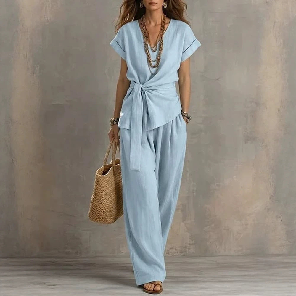 V-Neck Short-Sleeve Top & Pants Two-Piece Set