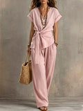V-Neck Short-Sleeve Top & Pants Two-Piece Set
