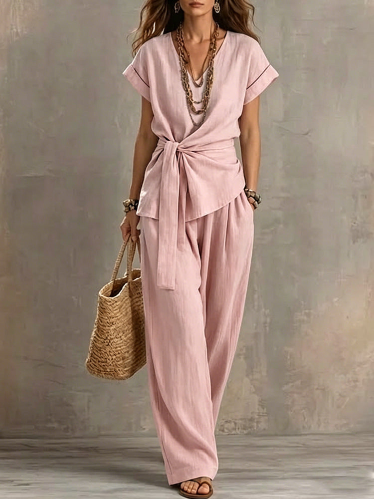 V-Neck Short-Sleeve Top & Pants Two-Piece Set