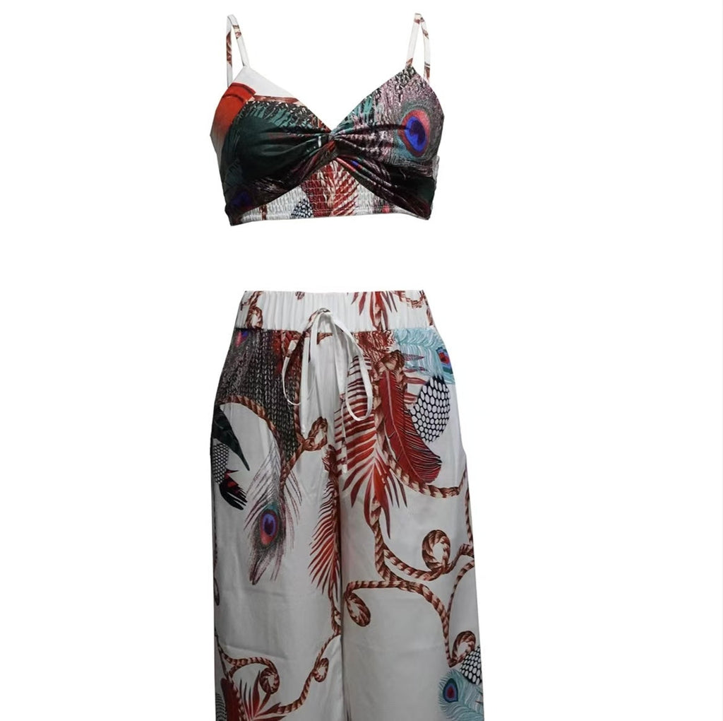 Feather Print Crop Top & Pants Set