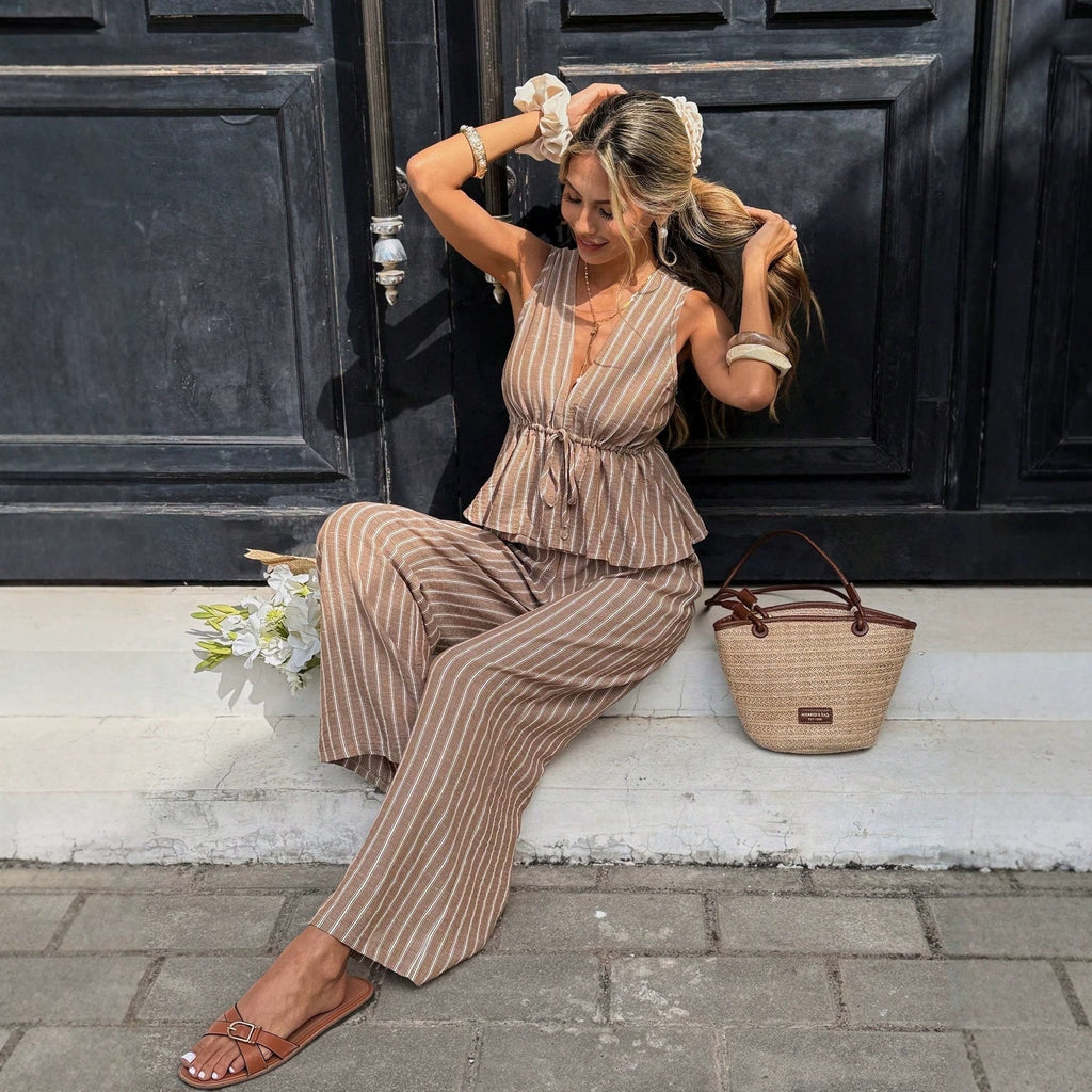 Striped Sleeveless Top & Wide-Leg Pants Two-Piece Set