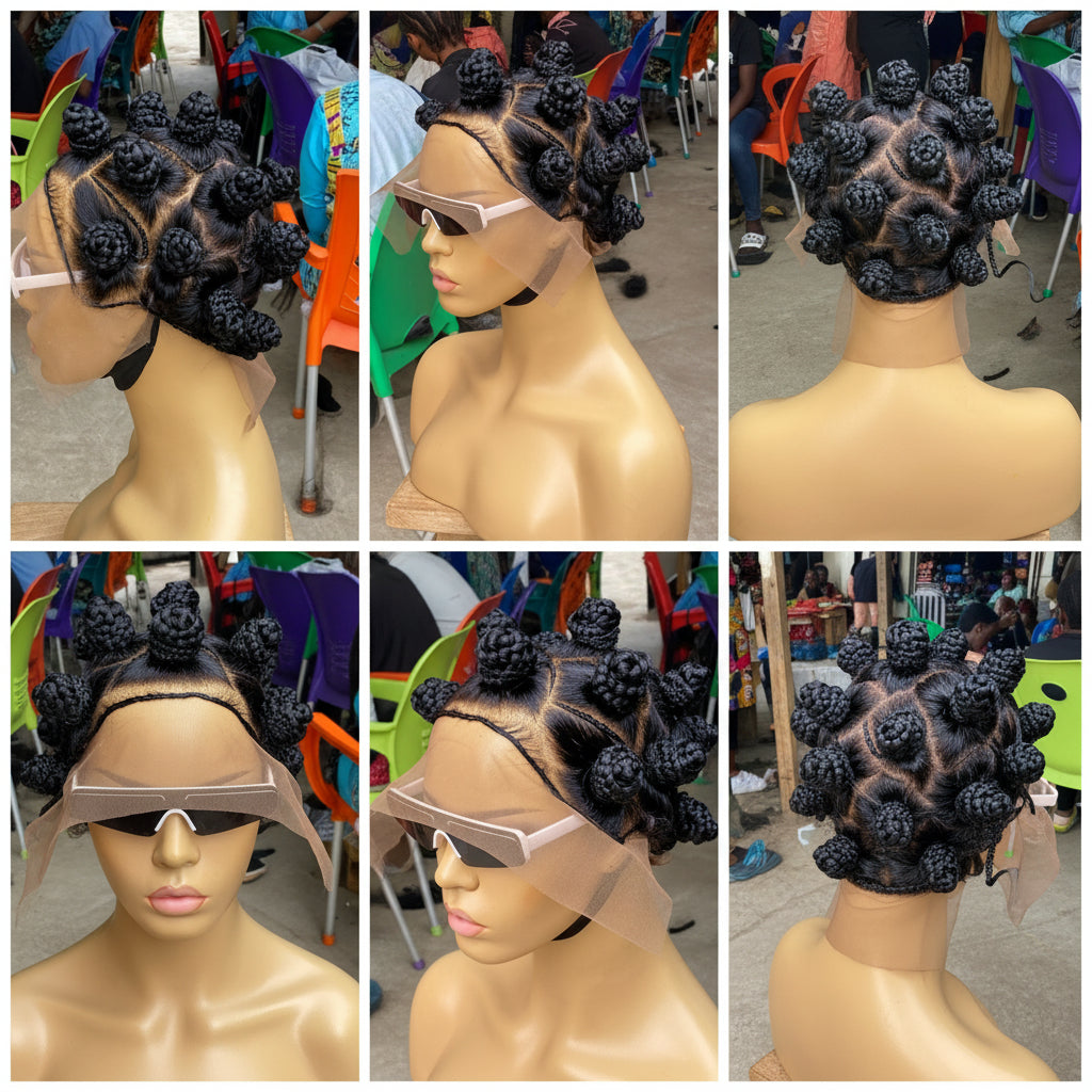 Bantu Knots Wig "Swiss Full Lace" Black Color, Gluless - Joanne