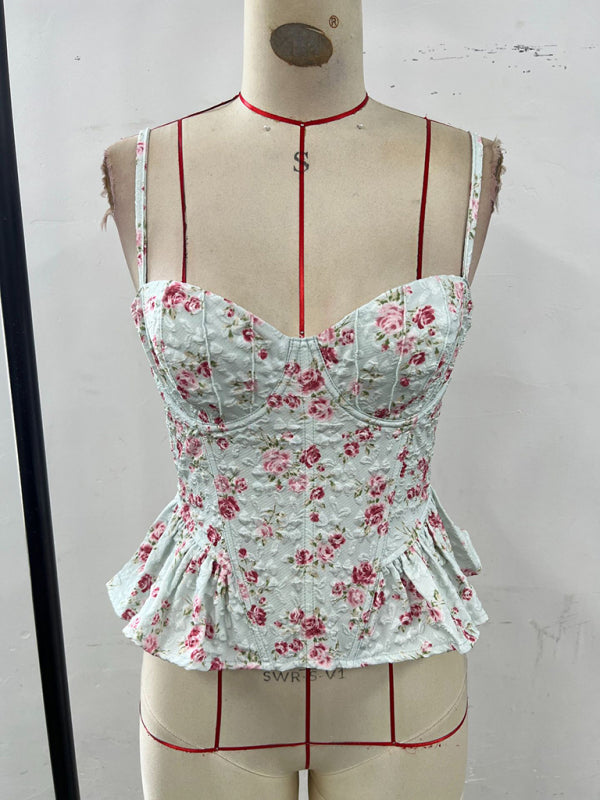 Floral Ruffled Backless Lace-Up Top