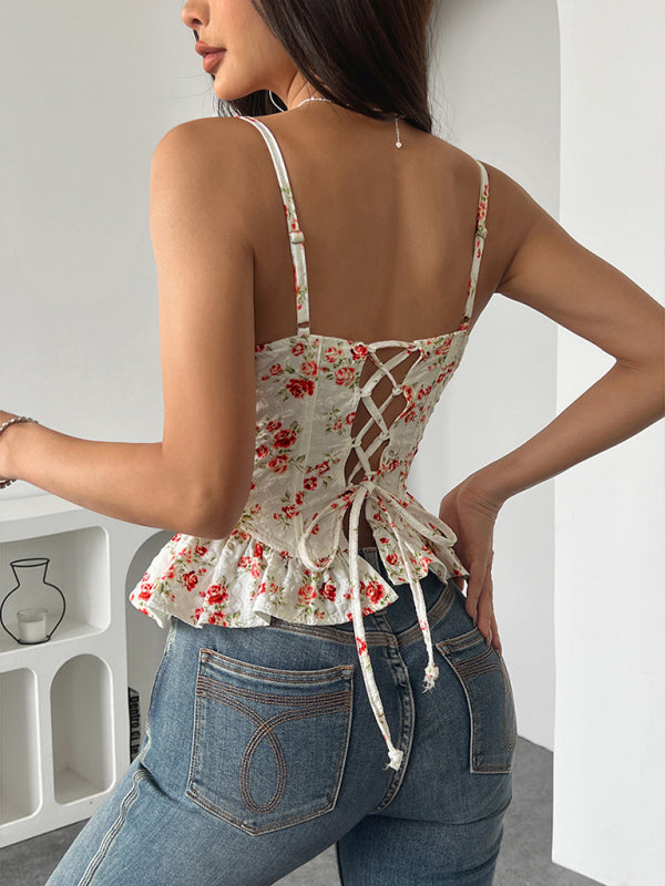 Floral Ruffled Backless Lace-Up Top