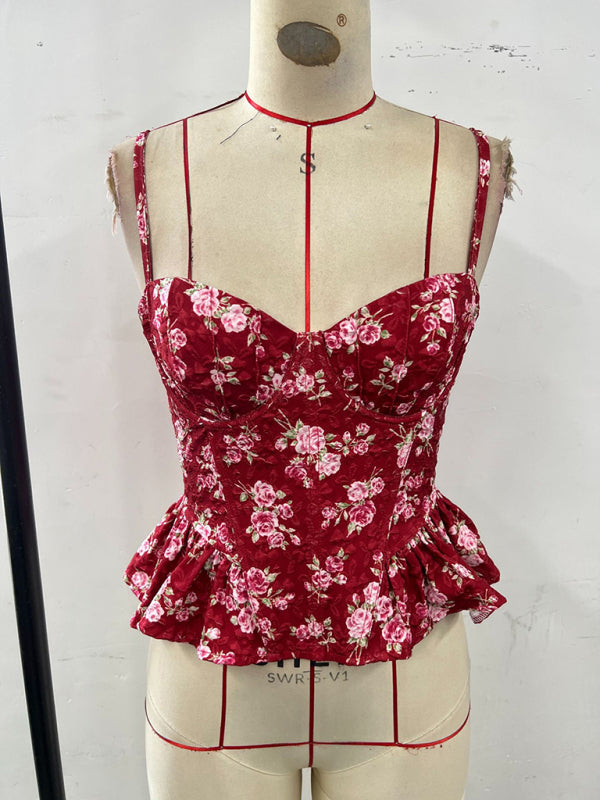 Floral Ruffled Backless Lace-Up Top